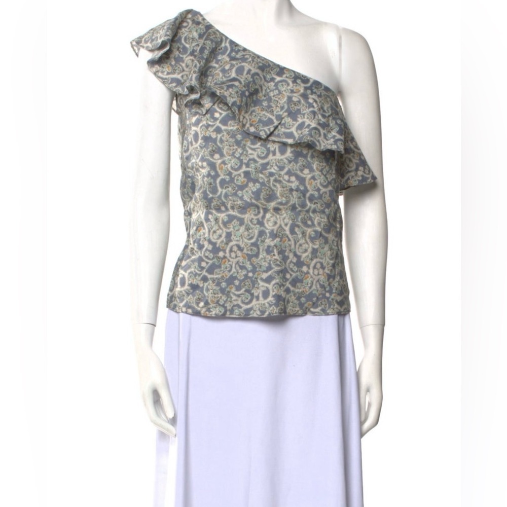 Isabel Marant One-Shoulder Paisley Ruffle Top in Slate Blue and Cream